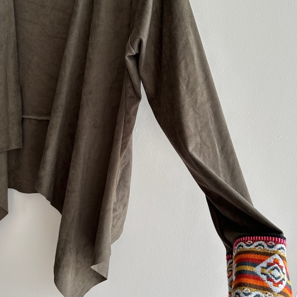 Kaui Suede Cardigan Jacket with Fabric Trim, Army Green/Multi, Size Large - Picture 10 of 15